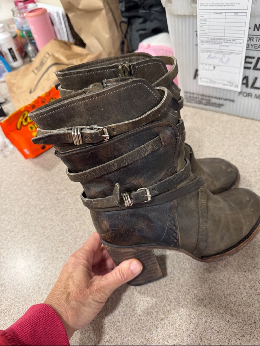 freebird Distressed Brown Leather Buckle Heeled Ankle Boots - Picture 4 of 7